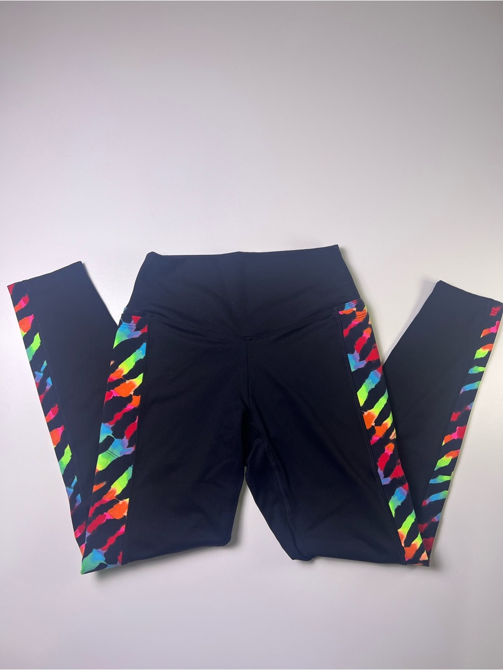 PINK Victoria's Secret Black Athletic Leggings with Rainbow Zebra Side Panels